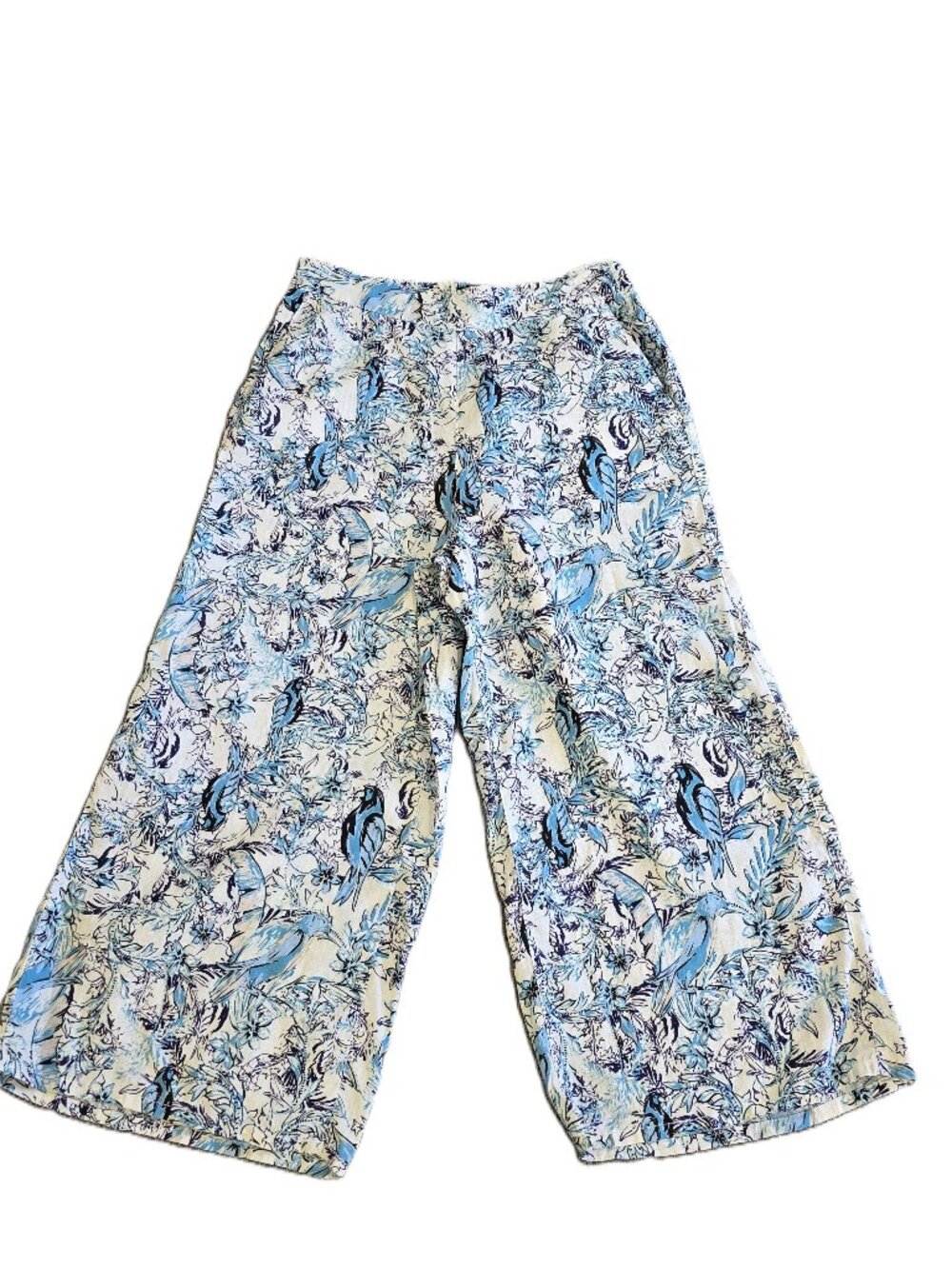 TAHARI 100% Linen Bird and Floral Print Blue, White Wide Leg Crop Pants Large
